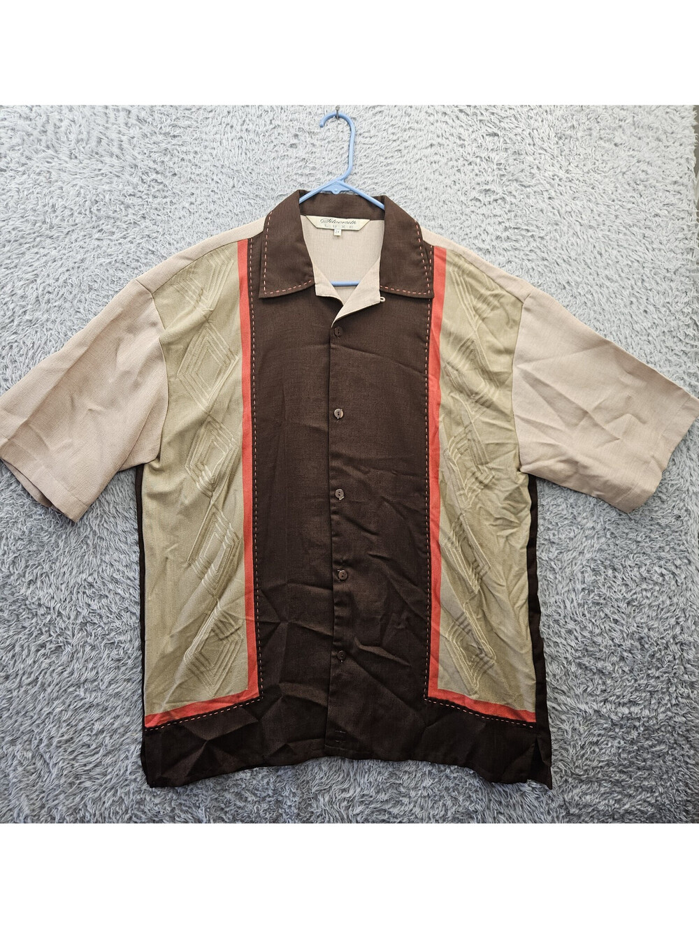 VTG Silversilk Luxe Linen Camp Shirt Big 2X Brown Bowling Loop Collar Rockabilly